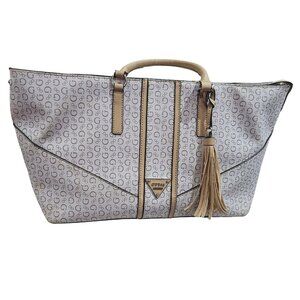 Guess Beige & White Monogram Logo Tote Bag With Tassel Accent & Dual Handles